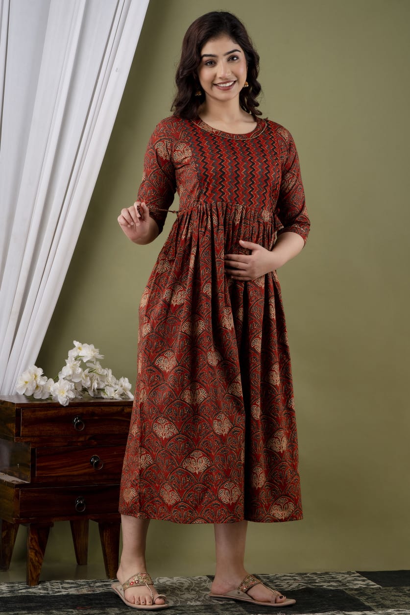 Brown deep Cotton printed maternity and feeding kurti