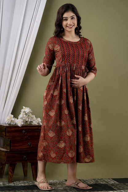 Brown deep Cotton printed maternity and feeding kurti