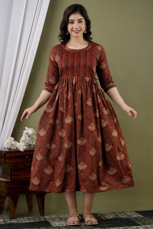 Brown deep Cotton printed maternity and feeding kurti