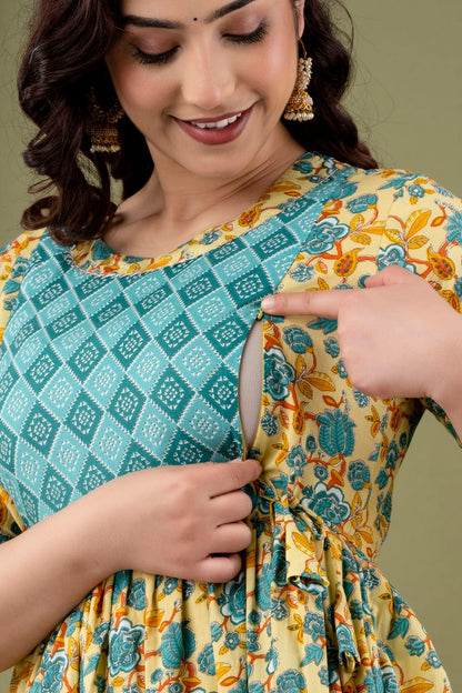 Golden Skies and Blue  Cotton printed maternity and feeding kurti