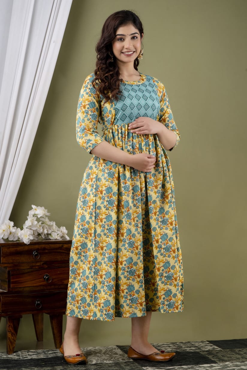 Golden Skies and Blue  Cotton printed maternity and feeding kurti