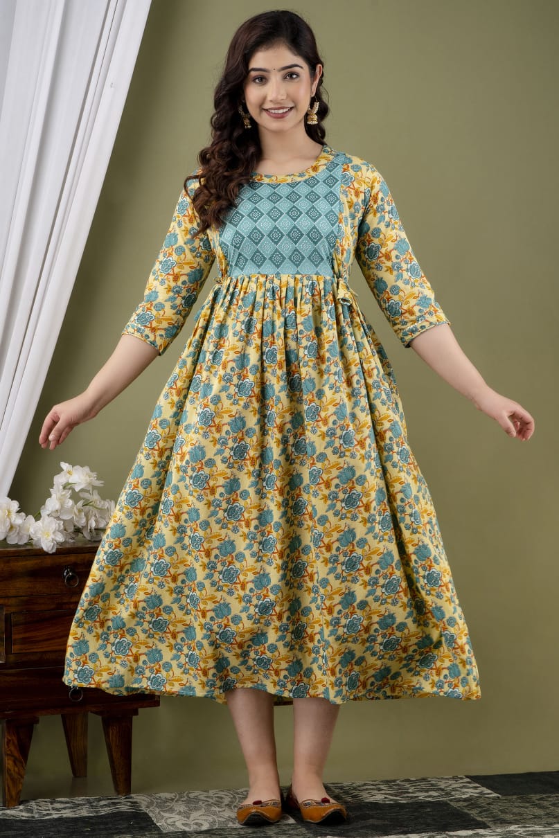 Golden Skies and Blue  Cotton printed maternity and feeding kurti