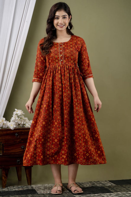 Red Hibiscus Cotton printed maternity and feeding kurti