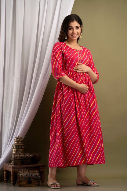Pink lahriya Cotton  printed maternity and feeding kurti