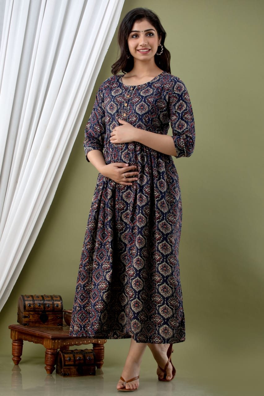 Blue bell blossom Cotton printed maternity and feeding kurti