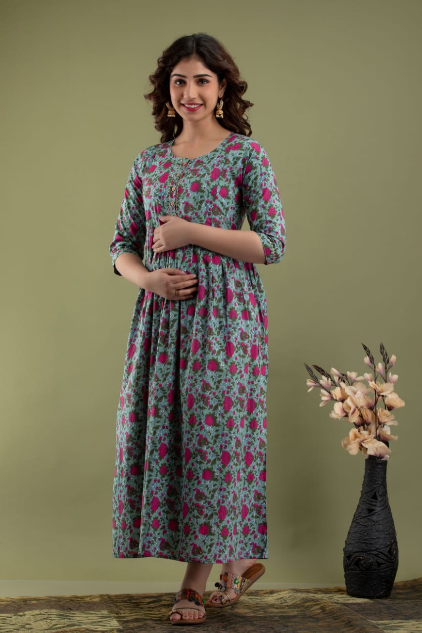 Grey  pink flower Cotton maternity and feeding kurti