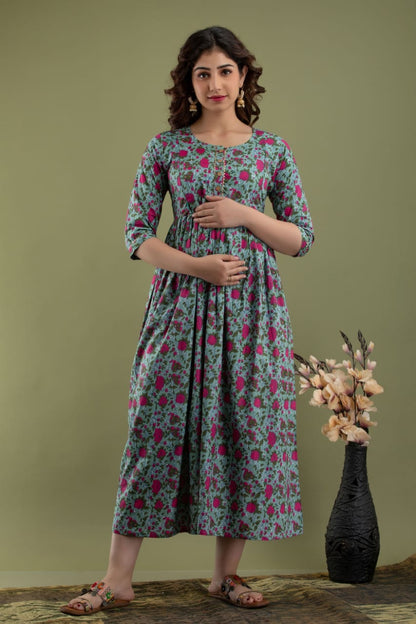 Grey  pink flower Cotton maternity and feeding kurti