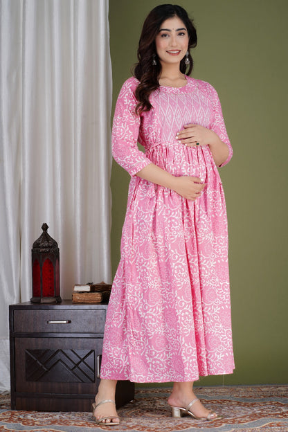 Pink blossom belly Cotton printed maternity and feeding kurti