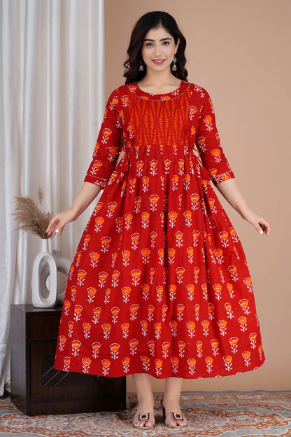 Cherry cascade red Cotton printed maternity and feeding kurti