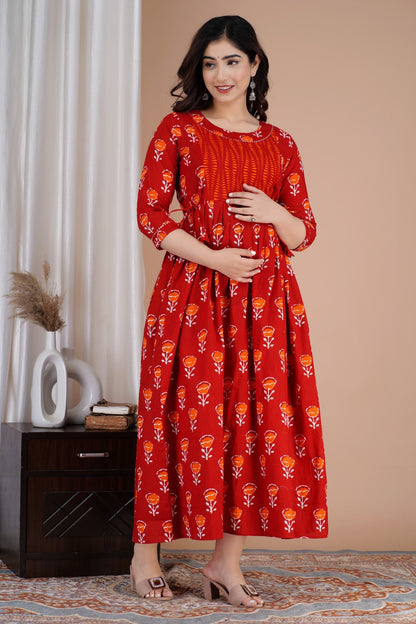 Cherry cascade red Cotton printed maternity and feeding kurti