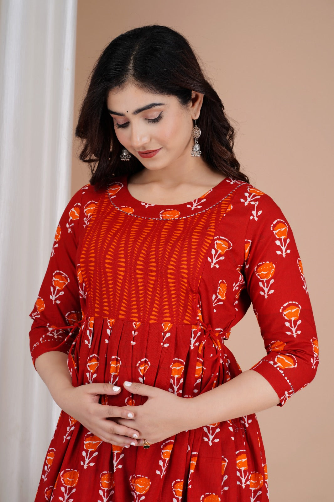 Cherry cascade red Cotton printed maternity and feeding kurti