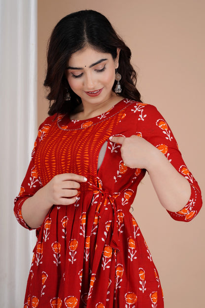 Cherry cascade red Cotton printed maternity and feeding kurti