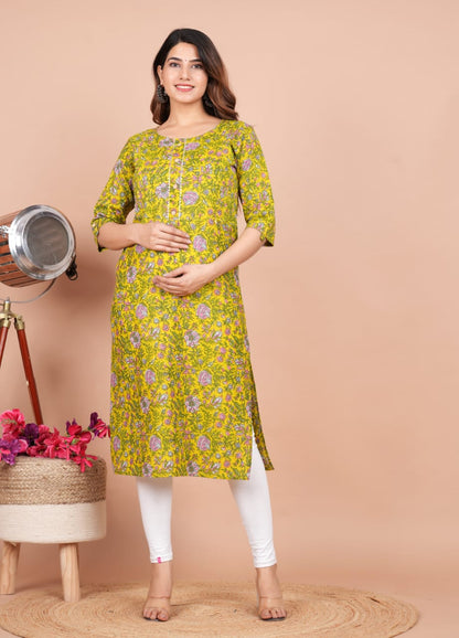 Green a-line Cotton maternity and feeding kurti