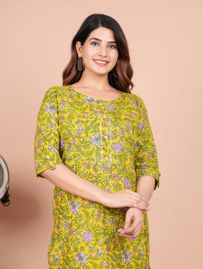 Green a-line Cotton maternity and feeding kurti