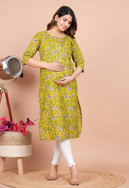 Green a-line Cotton maternity and feeding kurti