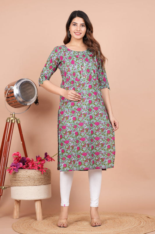 Grey pink flower Cotton maternity and feeding kurti