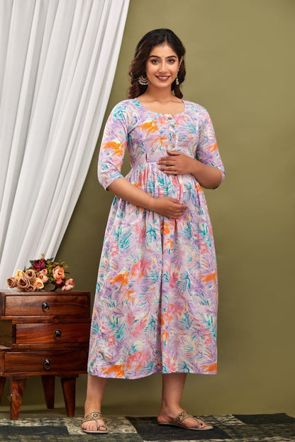 Lavender floral Cotton printed maternity and feeding kurti