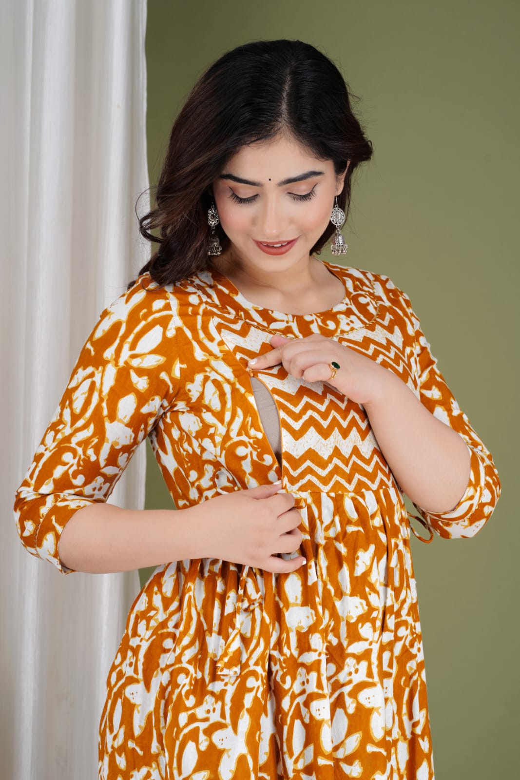 Brown zik zak Cotton maternity and feeding kurti