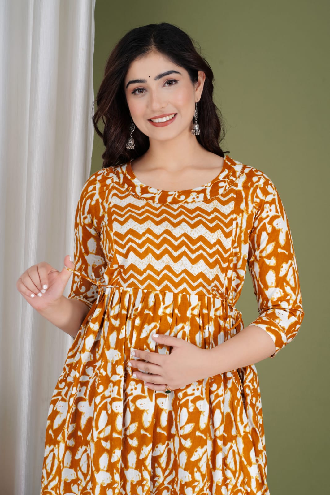 Brown zik zak Cotton maternity and feeding kurti