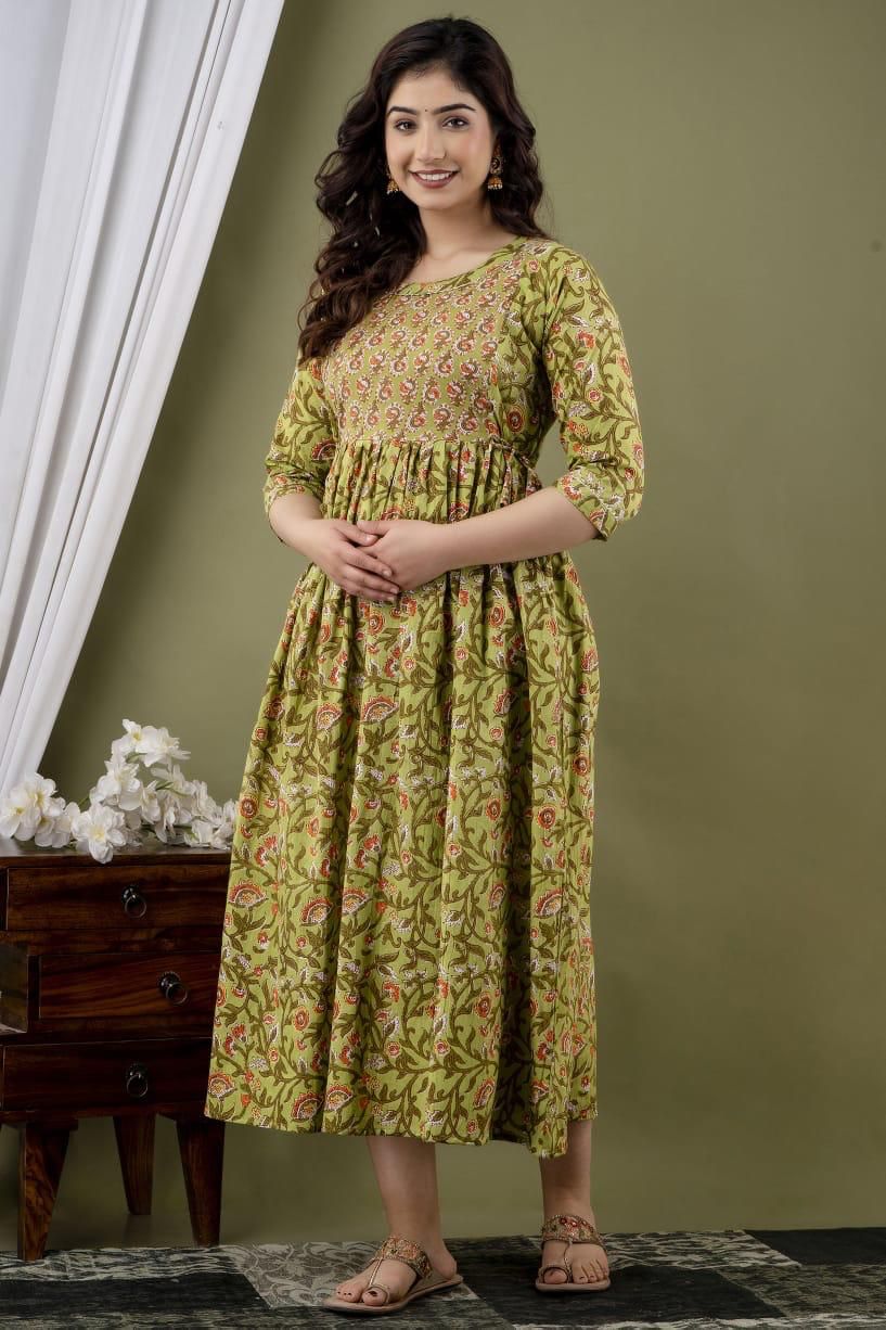 Green chidi cotton maternity and feeding kurti