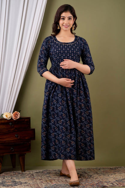 Blue carry blossom cotton maternity and feeding kurti