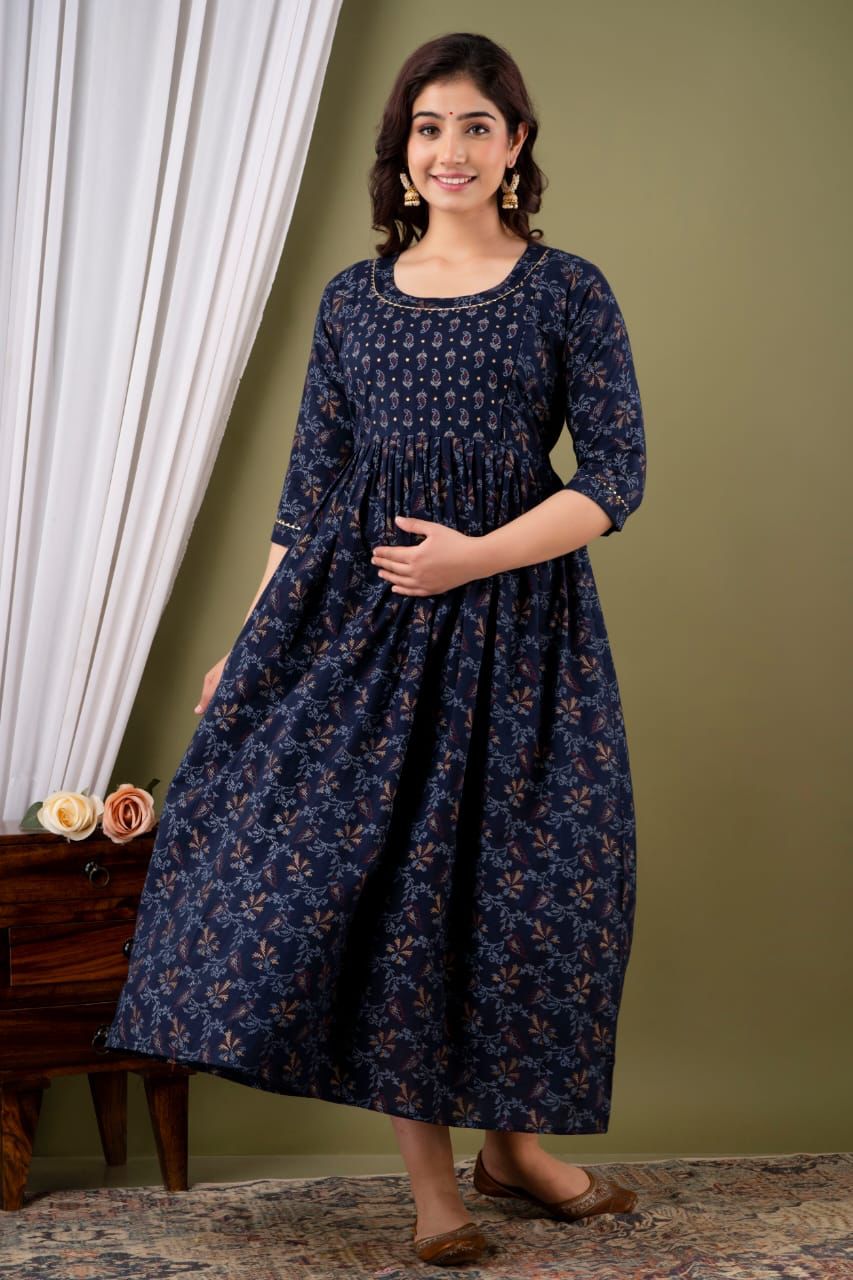 Blue carry blossom cotton maternity and feeding kurti