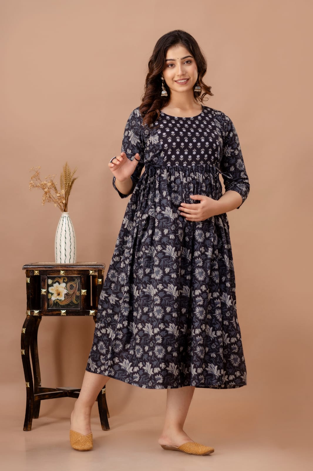 Sanganeri Black candy cotton maternity and feeding kurti