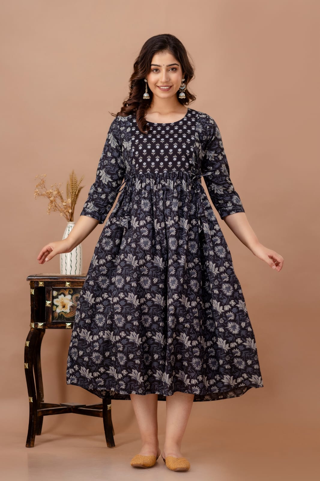 Sanganeri Black candy cotton maternity and feeding kurti