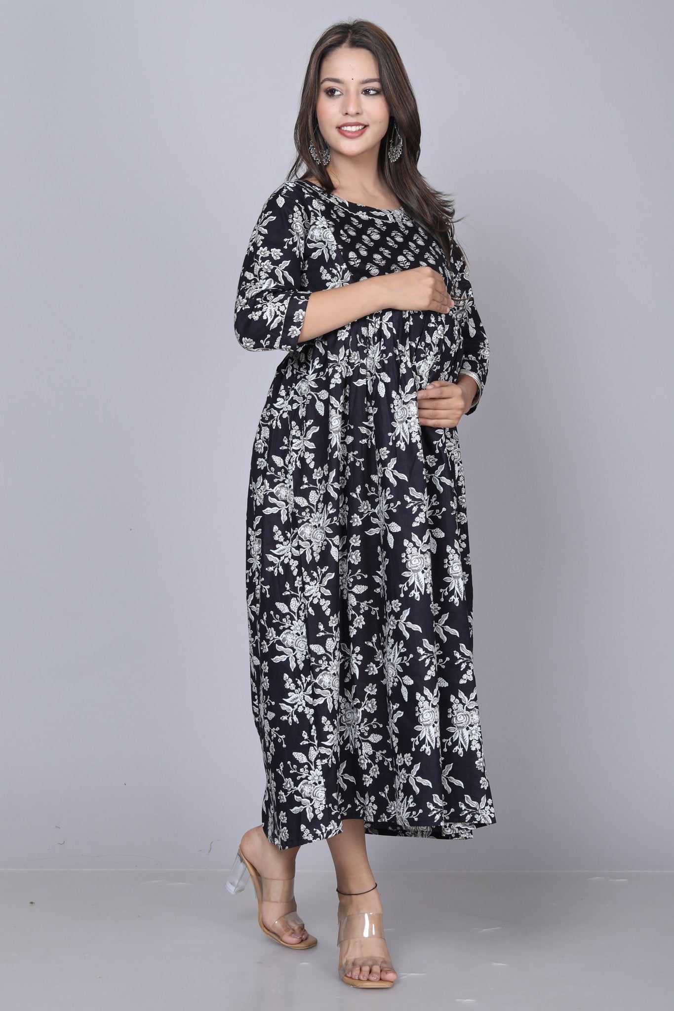 Black in white Cotton maternity and feeding kurti - Nevisha Style