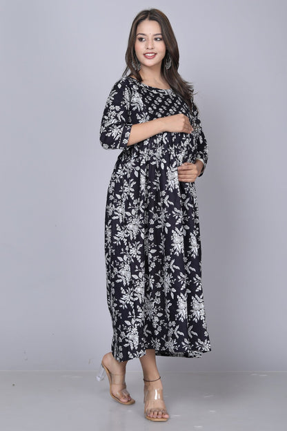 Black in white Cotton maternity and feeding kurti - Nevisha Style