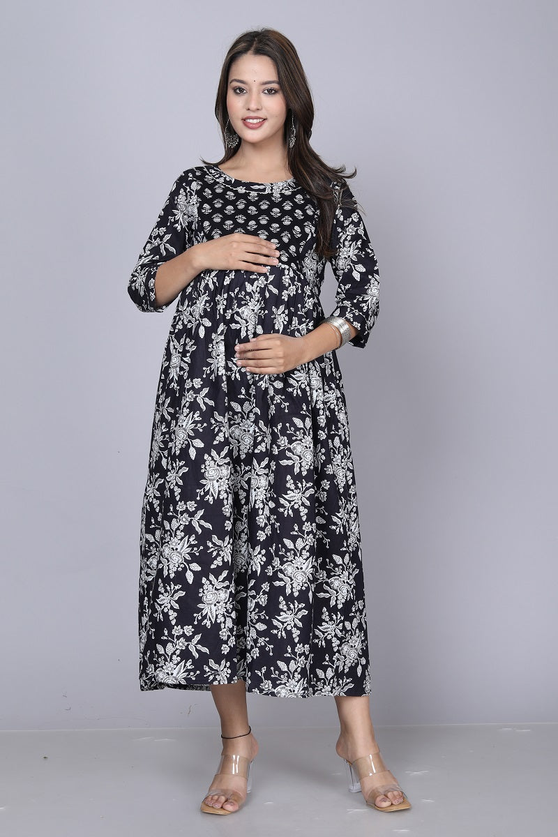 Black in white Cotton maternity and feeding kurti - Nevisha Style